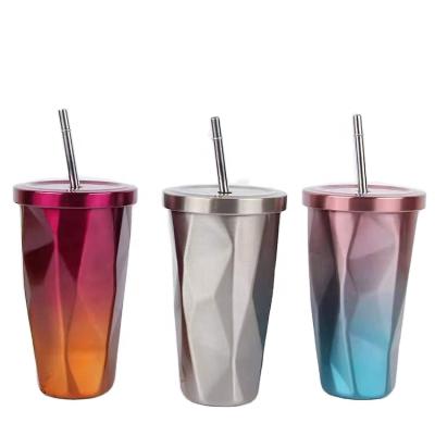 China Viable Double Wall Irregular Diamond Drinking Cup Coffee Cup Stainless Steel Glass Mug With Straw for sale