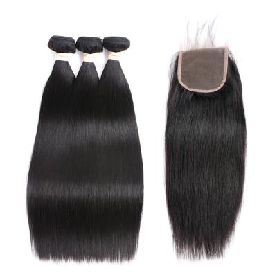 China Straight Wave 3 Piece Hair Bundles With One Piece 4*4 Lace Closure No Tangle No Shed Very Soft, Color 100% Natural Brazilian Hair for sale