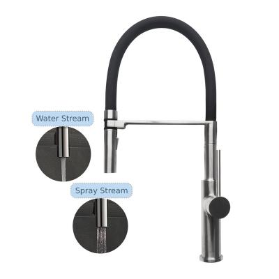 China Pull Out Spray Water Jet Luxury Style Commercial Faucet Ceramic Cartridge Black Silicone Arc Brushed Stainless Steel Kitchen Faucet for sale