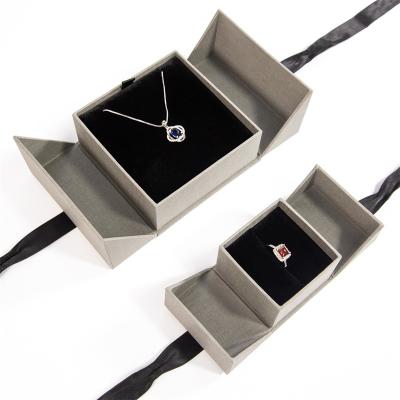 China 100% Factory Direct Handmade Gray Textures Pendant Necklace Packaging Box Double Opening Gift With Ribbon for sale