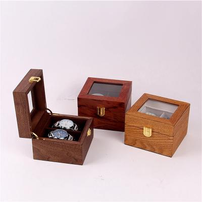 China Recycled Wooden Custom Metal Button Watch Gift Window Box Two Slots With Pillow Insert for sale