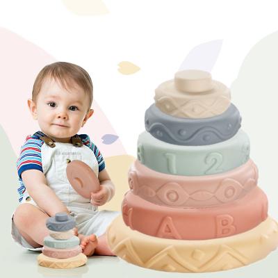 China Soft Educational Building Toy 6 Pcs Baby Food Grade Teether Chewing Silicone Stacking Blocks Toy Rubber Building Blocks for sale