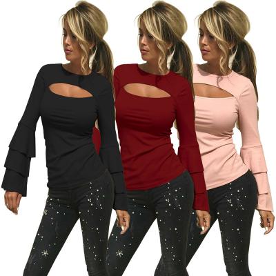 China Anti-pilling fashion 2023 hot sexy spring and new summer foreign trade love hollowed out round neck super long sleeve T-shirt top for sale