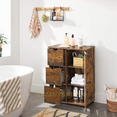 China Waterproof Wooden Bathroom Floor Cabinet Storage Unit With 3 Drawers Single Door With 2 Adjustable Shelves for sale