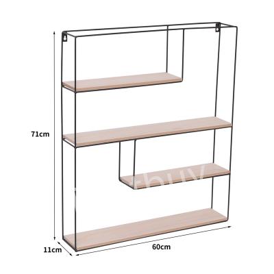 China Modern Rectangle Wall Shelf Unit 2 Tier Modern Wood And Black Metal Metal Floating Shelves Kitchen Spice Rack Decorative Hanging Shelves for sale