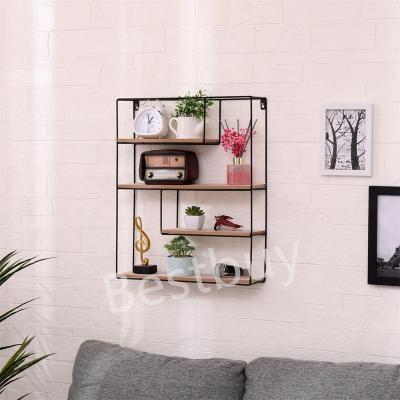 China Modern Rectangle Wall Shelf Unit Wood And Black Metal Mounted Decorative Hanging Floating Shelves Shelves for sale