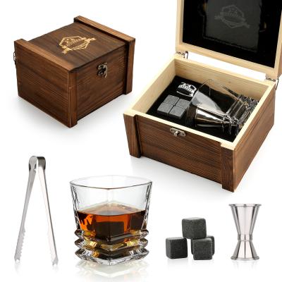 China Minimalist Whiskey Stone Set Granite Whiskey Ice Stones Wooden Wine Gift Box Glass Gift Set Whiskey Ice Cubes for sale