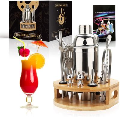 China Wooden Rack Holding Stainless Steel Cocktail Shaker Stirrer Jigger Set With Viable Wholesale Barware Kit Barware 750ml Tools for sale