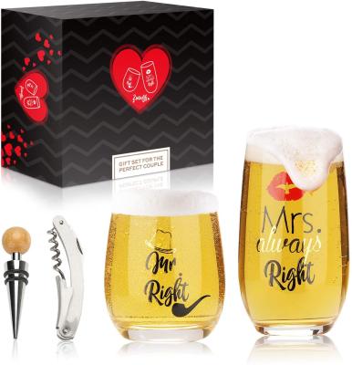 China Viable High Quality Mr. Right and Mrs. Always Right Novelty Beer and Wine Glass Set Beer Mug Glass with Words Couples Glass Mug for sale