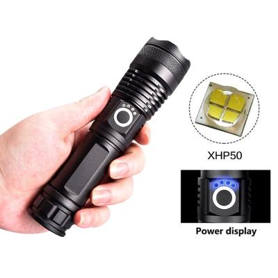 China Outdoor Activity Super Bright Zoomable XHP50 LED Powerful Flashlight Flashlight, USB Rechargeable Waterproof Portable Security Tactical Flashlight for sale