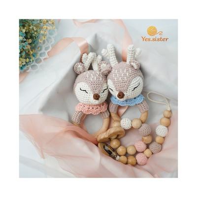 China Soft Toy Handmade Newborn Baby Gift Set Antlers To Ratchet Baby Teething Wooden Crochet Deer Teether Set for sale