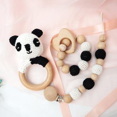 China Soft Toy Baby Gift Set Newborn Panda Teether Ratchet Wooden Crochet Toy Teether Set for sale