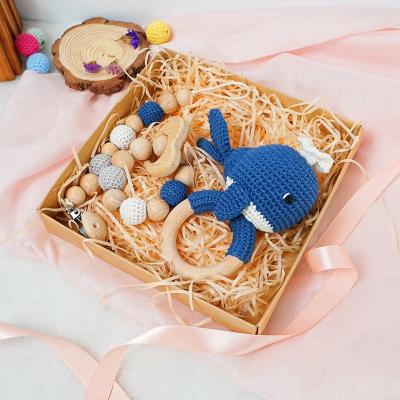 China Soft Toy Baby To Crochet Set Organic Toddler Gift Box Toddler Rattle Wooden Teether Ring for sale