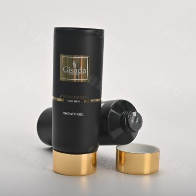 China Luxury Cosmetic Packaging 100ml 150ml Black Tube With Gold Screw Cover For Hand Face Sun Base Cream Detergent Packaging for sale