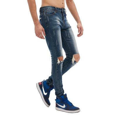 China DiZNEW Viable Ready To Ship Wholesale Ripped Skinny Skinny Fit Dark Blue Denim Streetwear Jeans Men for sale