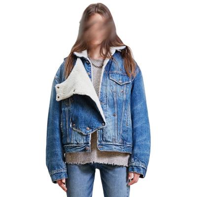 China DiZNEW Dongguan Breathable Custom Medium Blue Denim Sherpa Lining Trucker Jacket Women for sale