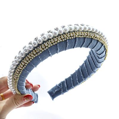 China Wholesale Women's Designer Fashion Hair Accessories Women's Denim Bling Diamond Crystal Rhinestone Pearl Hair Band Padded Headba for sale