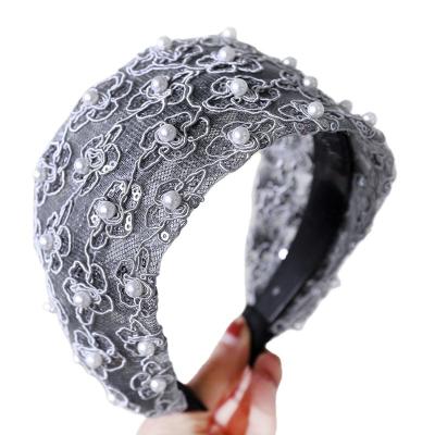 China High Quality Fashion Women's Fashion Hair Accessories Solid Color Lace Pearl Daily Wide Elegant Hair Band for sale