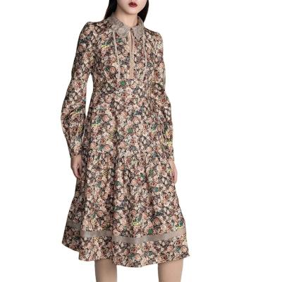 China High Quality Anti-Static Lady Elegant Lace Turn-down Collar Dresses Women Cotton Long Dresses for sale