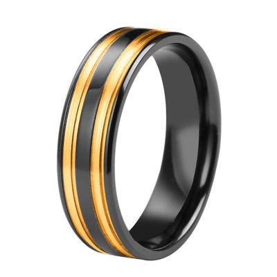 China Stylish Two Tone Men's Polished And Gold Plated Rings Two Tone Black Zirconium Rings Matte Finish Mens Wedding Bands for sale