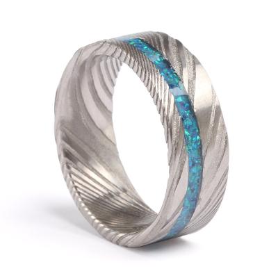 China 8mm Damascus Steel Ring Real Blue Opal Inlay TRENDY Engagement Band Flat Ring For Men for sale