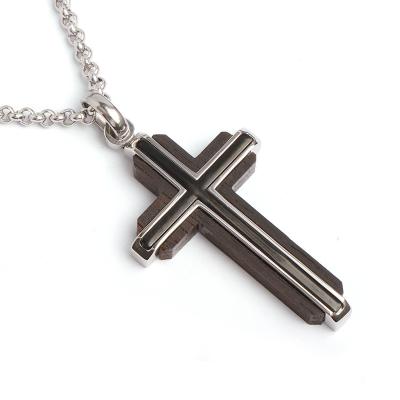 China Trendy Stainless Steel Wooden Cross For Men's Natural Black Ebony Necklace Men's Charm Pendant Necklace Pendant for sale