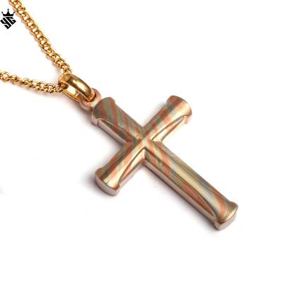 China Custom North Viking Cross Mokume Gane Gold 316 Stainless Steel Necklace Chain Pendant Unique Mens Jewelry Trendy for sale