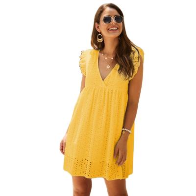 China Sidiou Group Summer Pure Color Style Casual Dresses Sweet Anti-wrinkle Girls Beach V-Neck Dress Plus Size Sleeveless Hollow Out Dress for sale