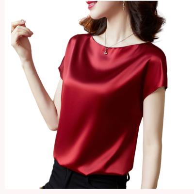 China Sidiou Group Summer Round Neck Anti-wrinkle Short Sleeve Plus Loose Upper Silk And Waist T-shirt Solid Color Satin Bottoming Women T Shirt for sale