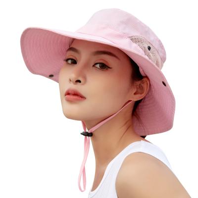 China Summer UV Mesh Bucket Hat Foldable Wide Protection Women UPF40+ Plush Group Fishing Hat Overflow Sun Hat With Adjustable Chin Strap for sale