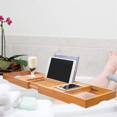 China Bamboo Bathtub Tray Rack Folding Bathroom Shelf W Book Holder Place Tub Cart for sale