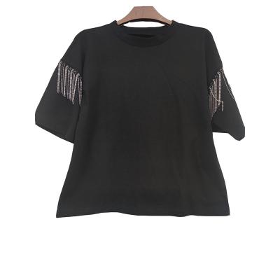 China Breathable T-Shirt Women Short Sleeves Crewneck Loose Tassels for sale