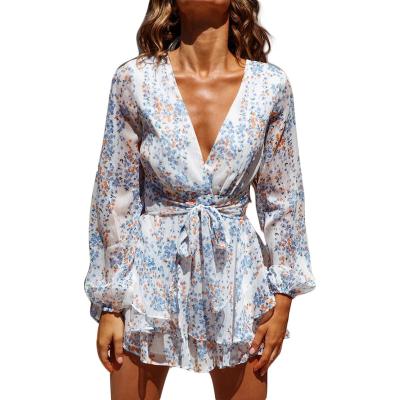 China QUICK DRY Women's Overalls Floral Print V-Neck Sleeve Waist Double Layer Ruffle Edge Mini Dress Romper for sale