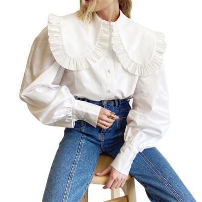 China Anti-pilling Big Peter Pan Collar White Full Women's Button Down Shirts Vintage Lapel Collar Puff Sleeve Cotton Casual Blouse Long for sale