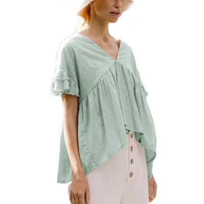 China Flowy Ruffle Ruffle Elegant Short Sleeve V Neck Breathable Fashion Irregular Women's Edge Peplum Top Peplum Babydoll Blouse for sale