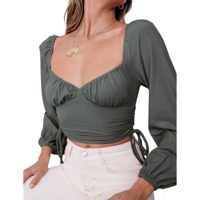 China Anti-pilling Women's Anti-pilling Drawstring Top Sleeve Top Sleeve Crop Lantern Square Neck Y2K Bardot Blouse Y2K Long Ribbed Shirts for sale