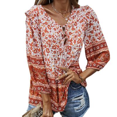 China Breathable Women's Boho Clothing Casual V-Neck Top Loose Long Sleeve Floral Print Beach Shirts Blouses for sale