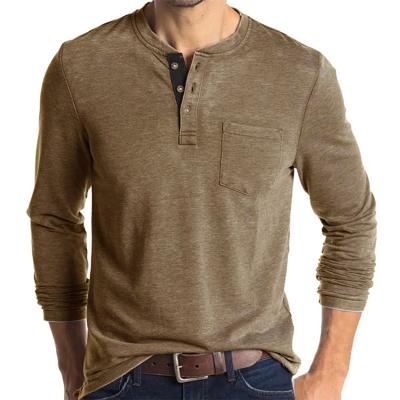 China Anti-Wrinkle Men's Henley Shirts Classic Long Sleeve Button Cotton Blend Basic T-Shirt With Pocket for sale