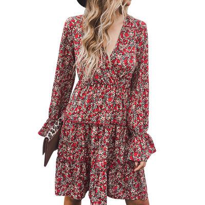 China Viable the new European and American V-neck red floral print dress in autumn 2021 is a long casual dress with long sleeves for sale