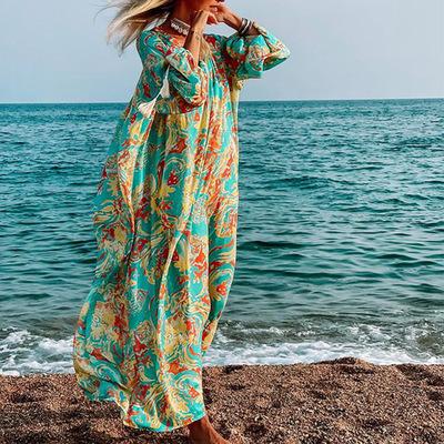 China European And American Sustainable Bohemian Women Wear Beach Dress , Long Sleeve Printed Dress With A Big Swing In 2021 for sale