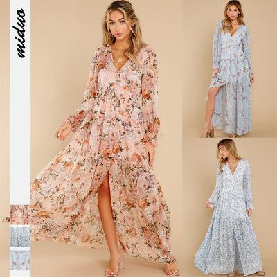 China Fashionable digital sexy deep V neckline new autumn collection viable new floral women's sleeve dress cardigan dress long sleeve dress for sale