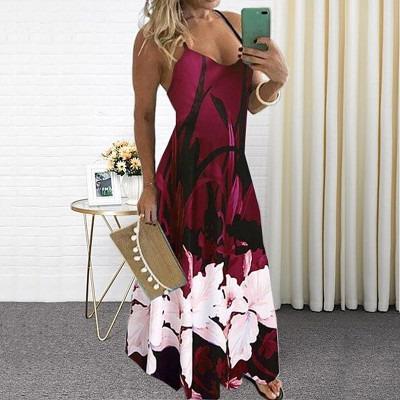 China 2021 Hot Selling Women's Explosive Slim V-Neck Anti-Static Setting Flower Halter Belt Large Swing Dress for sale