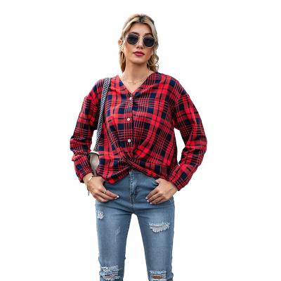 China Anti-wrinkle 2021 autumn new winter women's clothing Europe and the United States retro plaid sleeve blouse woman long shirt fashion for sale