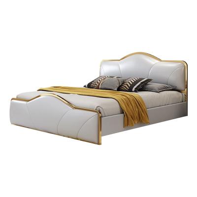 China Modern Luxury Stainless Steel Edge Trim White Leather Bed Trimmed King Size Double Bed for sale