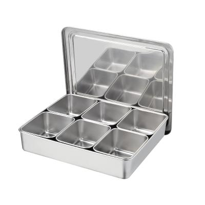 China Stocked a Variety Group Stainless Steel Grid Dish Box in Cover of Small Multi Seasoning Fruit Snack Box Specifications for sale