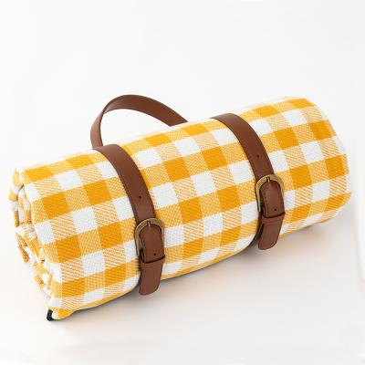 China Portable Woven Waterproof Blanket Mat With Leather Strap Acrylic Outdoor Foldable Picnic Throw Blanket for sale