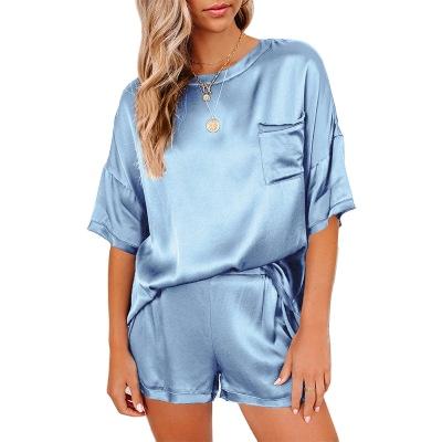 China 2021 QUICK DRY Spring and Summer New Solid Color Sleepwear Irregular Two Piece Set Pajamas Short Sleeve Home Service Silk Shorts for sale