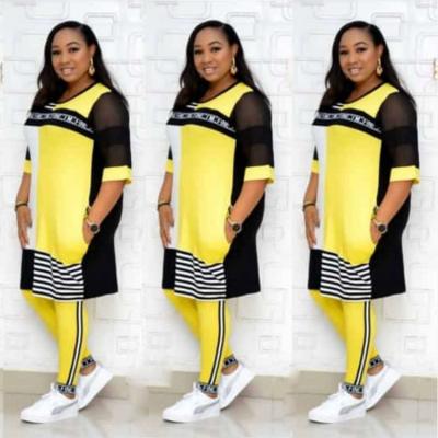 China Anti-pilling summer 2021 new plus size ladies fashion women's striped Mesh Stitching Casual Long Coat + two-piece pants for sale