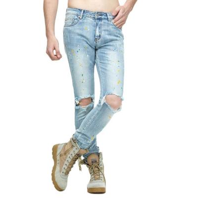 China Sustainable Jeffny Splatter Denim Pants Light Blue Mens Jeans Denim Stretch Jeans for sale