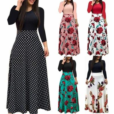 China Vintage Lady O Neck Maxi Plus Size Women Fashion Casual Wear Anti-static Long Sleeve High Waist Flower Dress Dress for sale